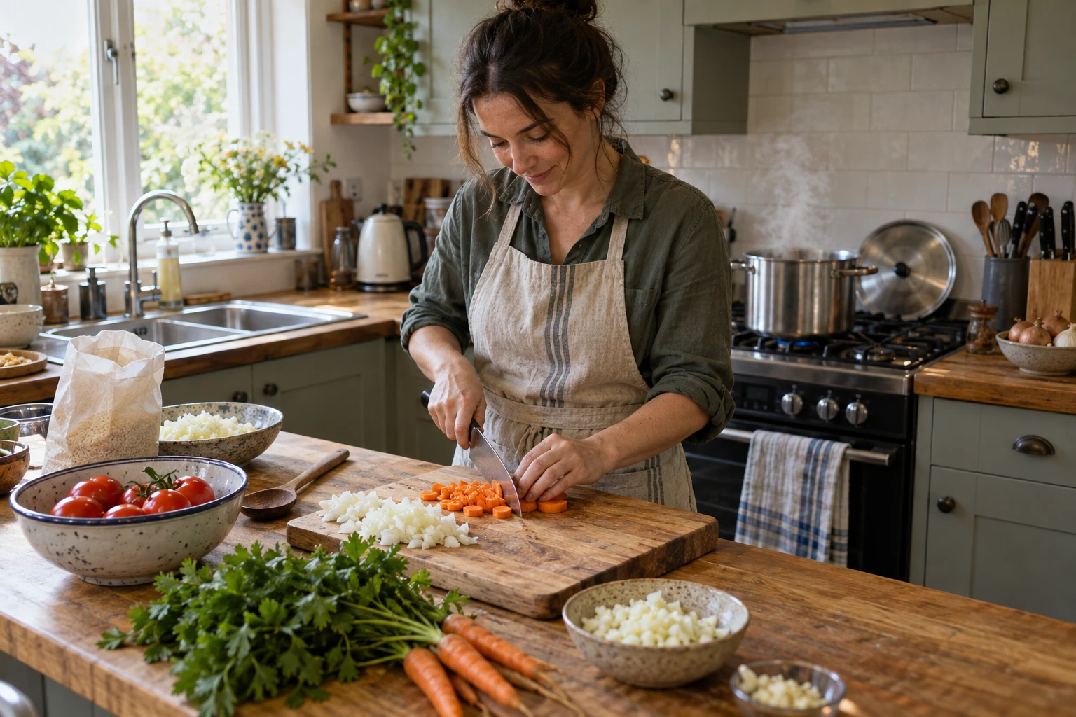 A person chopping vegetables at a kitchen counter with a pot on the stove.