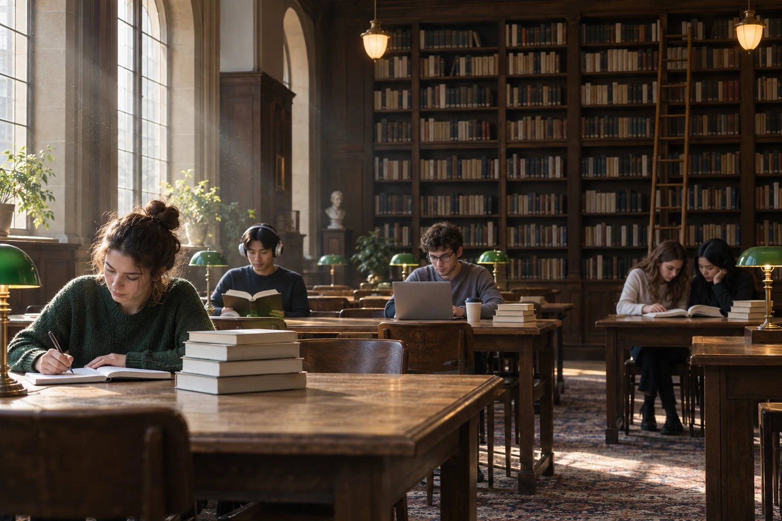 Students at long wooden tables in a library with tall shelves behind them.