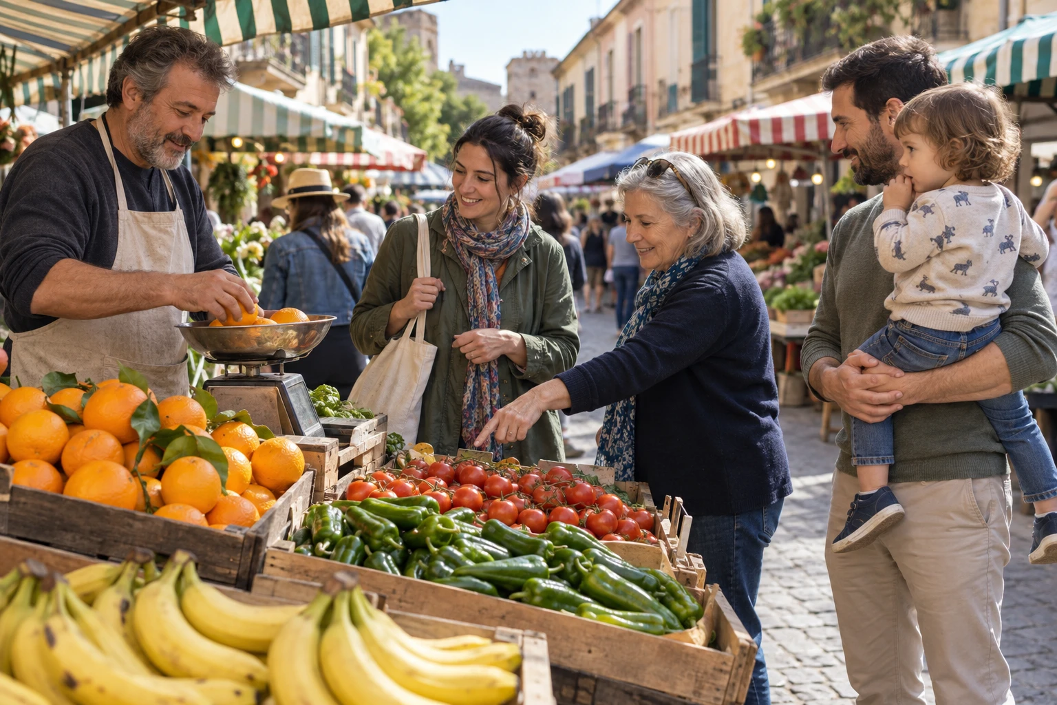 A busy outdoor street market with stalls of fruit and vegetables and people shopping.