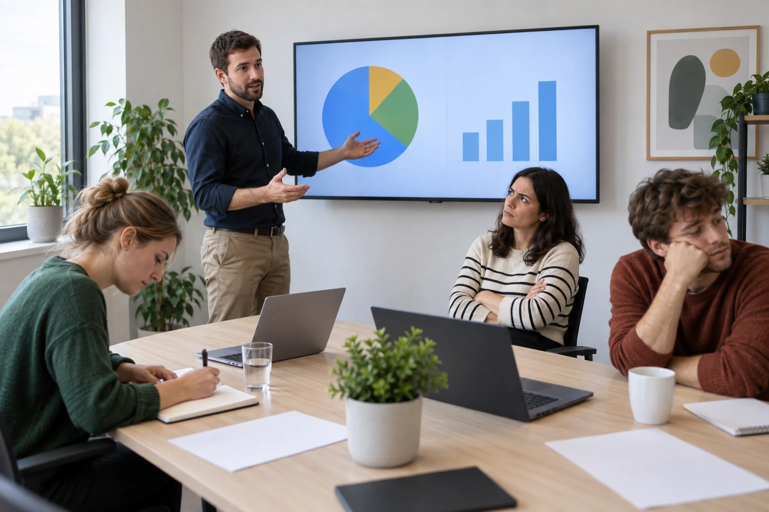 One colleague presenting a chart at a wall screen while three others sit around the meeting table.