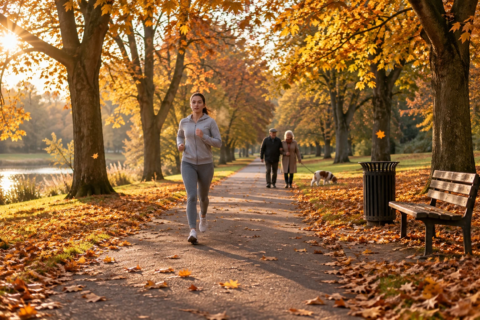 A park path lined with trees losing their orange leaves, a person jogging.